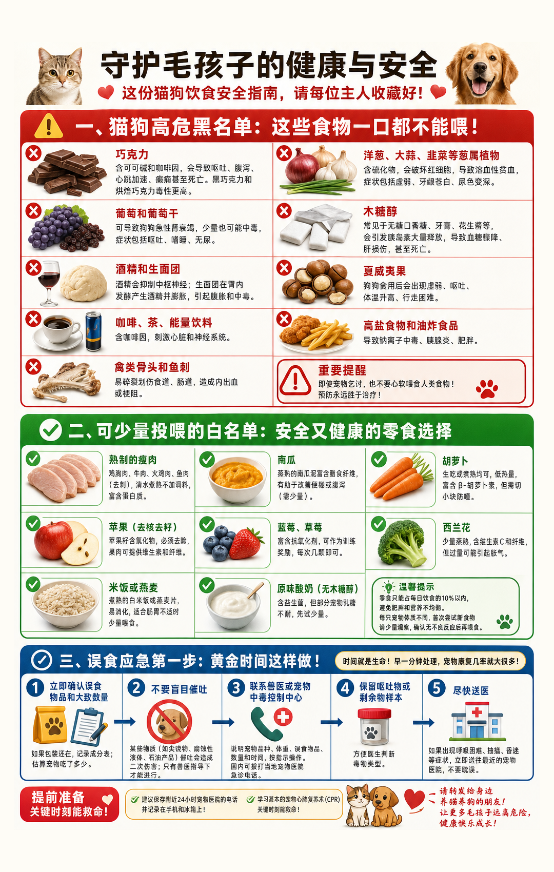 猫狗常见禁食名单、安全食物清单和误食急救流程图 猫狗常见禁食名单、安全食物清单和误食急救流程图